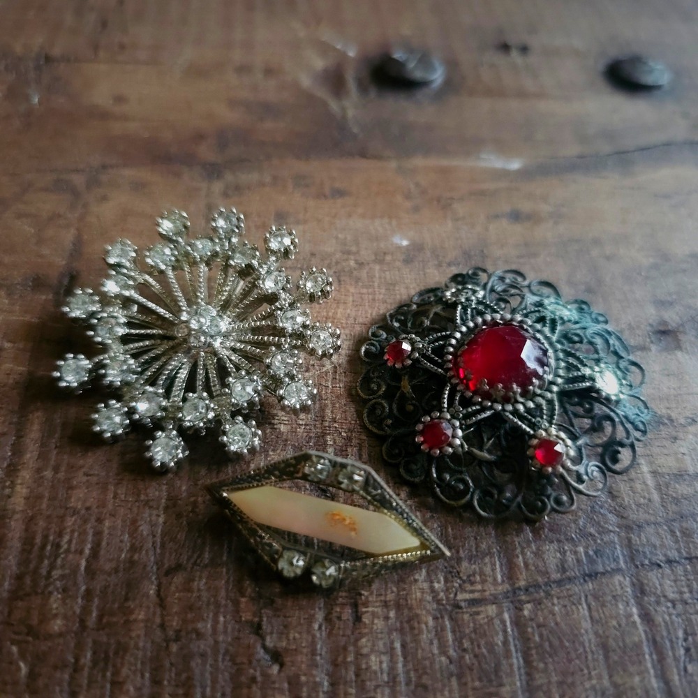 Antique Brooch Lot 3pc Rhinestone Snowflake Red Filigree Mother of Pearl Pins